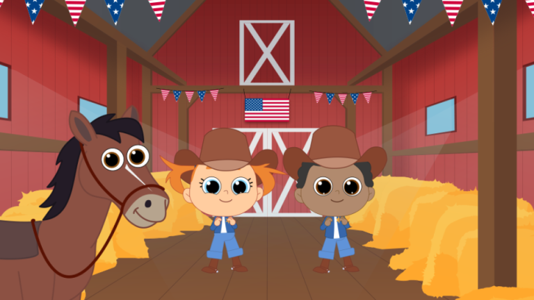 IT'S MUSIC Wild West Song Thumbnail. Featuring Abi, Ade and their horse line dancing in a barn